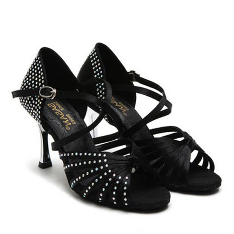 Sports shoes Ballroom Latin Dance Shoes For Woman Girl Soft Bottom Have Drill SASAN S-125 Import Satin 8.5cm gold Heel Black