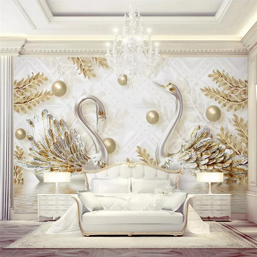 

beibehang Custom Wallpaper Luxury 3d mural Swan Gold Leaf Watermark Jewelry TV Background wallpaper for walls 3 d papier peint