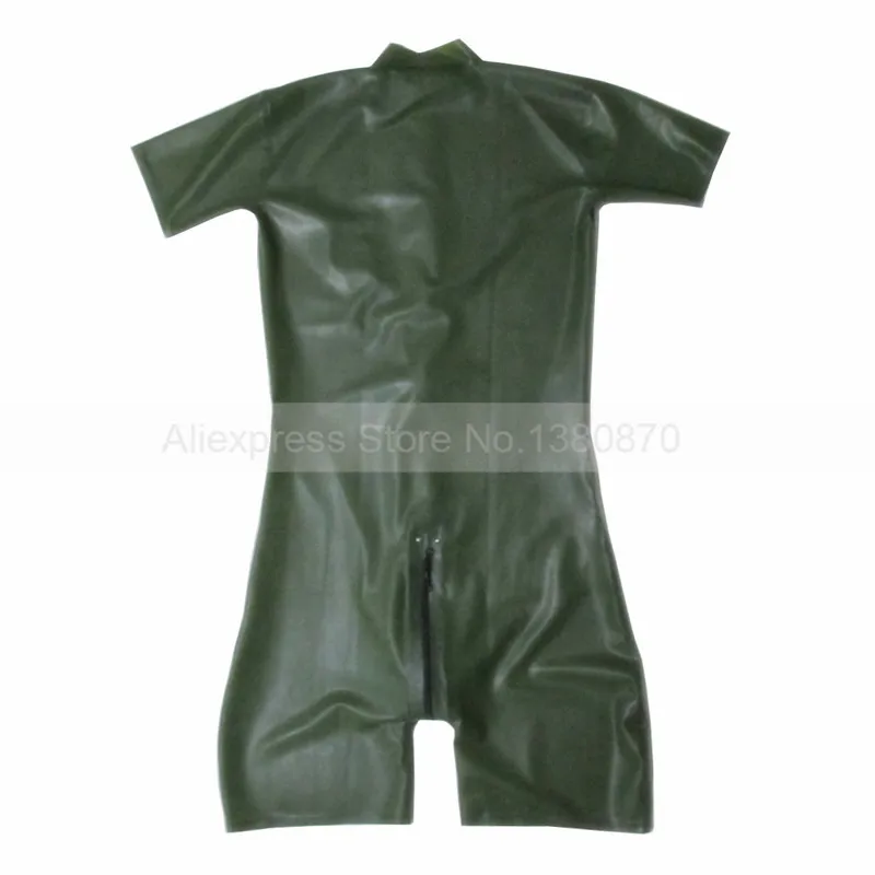 Latex Men Catcuit With Nipple Zips Army Green Natural Rubber Short Legs Clothes Front Zipper Custom Made Jumpsuit S-LCM132