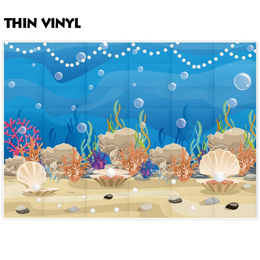 Allenjoy-Fondo de fiesta de cumpleaños de sirena de dibujos animados, Fondo de verano, Concha submarina, perla, agua, hierba, niño, fotografía de fondo para sesión fotográfica