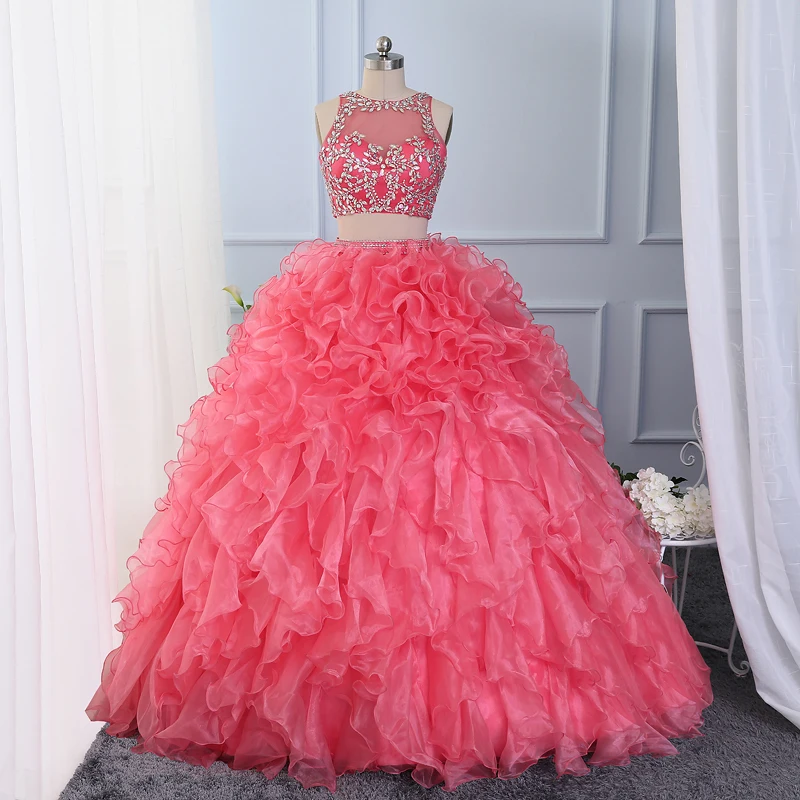 

CloverBridal Puffy Ball Gown Crystals Stones Beaded Two Pieces Coral Quinceanera Dresses 15 Years Girls Birthday Party WQ9885