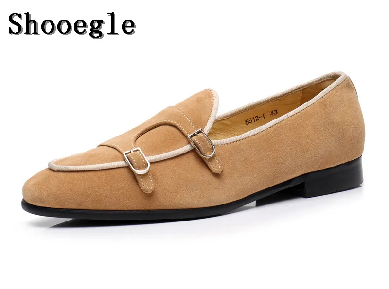 Shooegle Vintage-Stil Männer Freizeit schuhe Doppel Mönch Riemen braune Schnalle Slipper Wildleder Hochzeits feier hochwertige Kleid Schuhe Mann