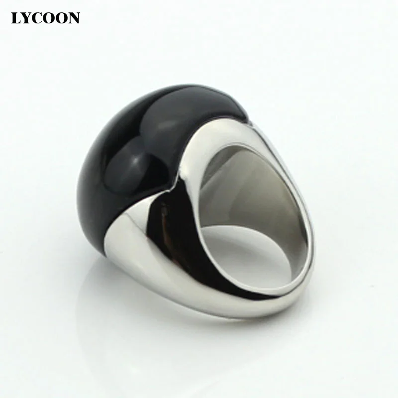 LYCOON Fashion 316L Stainless steel smooth polishing big black stone rings ball shape Onyx stone for woman luxury ring