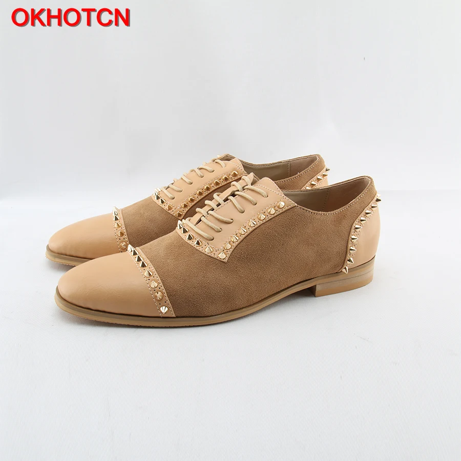 

OKHOTCN Fashion Patchwork Mens Dress Shoes Khaki Designer Shoes Men Gold Rivet Studded Suede Shoes casual lace up Leather Flats