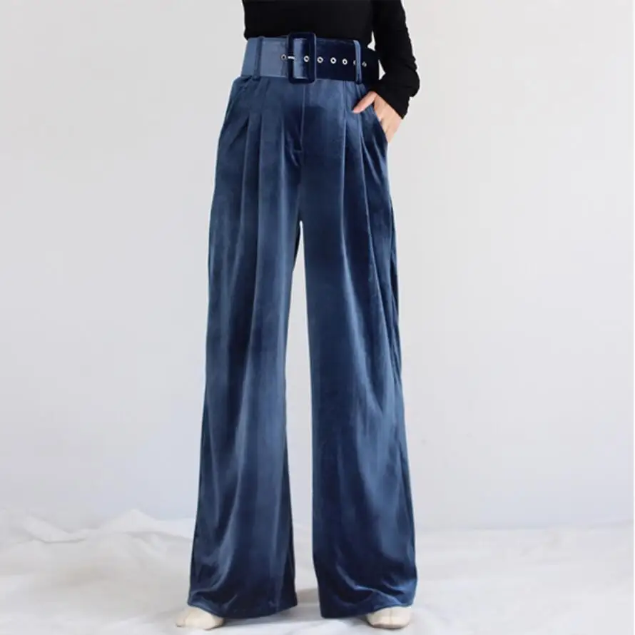 

vintage Velvet Wide Leg Pants Women High Waist Belted Loose Trousers office lady Autumn Winter