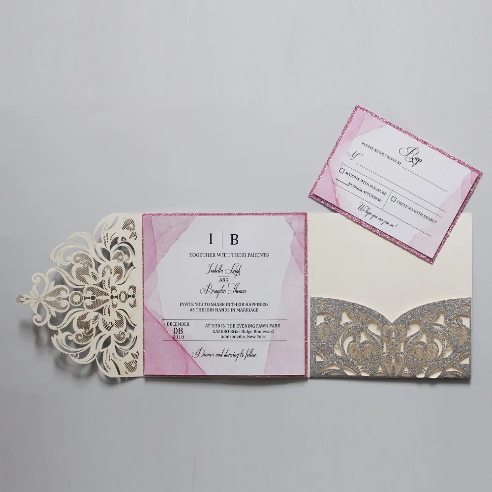 Silver Laser Cut Wedding  Invitation Set Elegant Wedding Invite Personalized Invitation Cards with Pink Liner - Set of 50 pcs