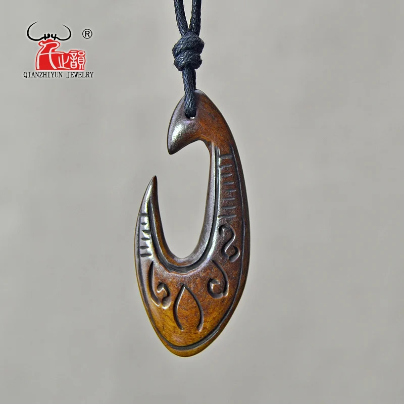 GX040 New Zealand Maori jewelry hand-carved yak bone Fish Hook pendant Primitive tribes totem amulet handmade jewelry for surf