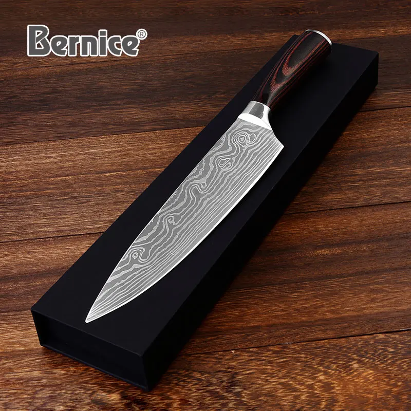 Bernice Stainless Steel Kitchen Chef Knife 8 inch With Damascus Laser Pattern Timhome Pakka Wood Handle