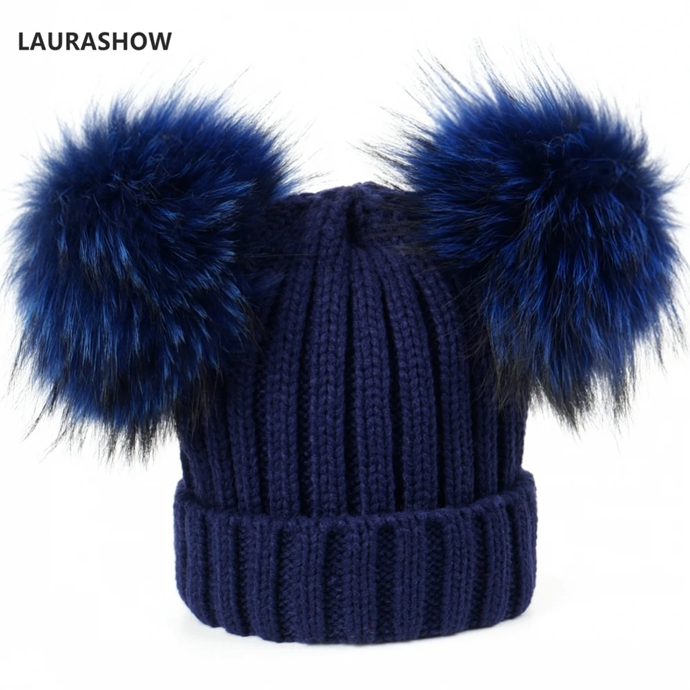 LAURASHOW Adult Winter Brand Cap 16cm Double Real Fur Ball Pom Poms Hat For Lady Hat Knitted Cap Hat Skullies Women Beanies
