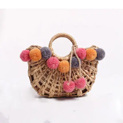 NEW Colorful Wool Ball Pom Beach Bag Shopping Basket Chic Woven Straw Handbags for Women Shoulder Bag Summer Totes female