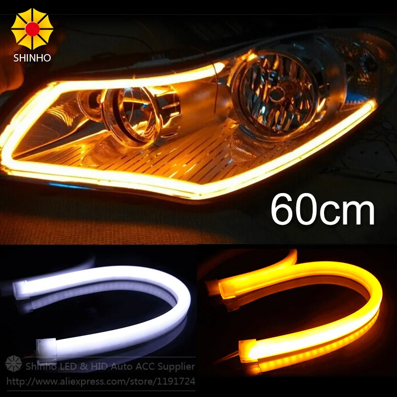 2PCS 60CM White+Yellow Amber Red Blue LED Daytime Daylight Running Light Tube Flexible LED Strip DRL Switchback Headlight Lamp