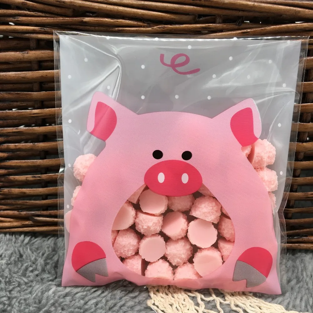 10cm*10cm 50Pcs Pink Eating Pig Cookie Self Adhesive Plastic Packing Bags Biscuit Baked Food Package