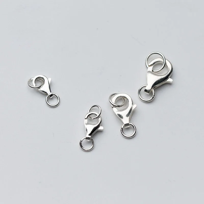 1pc 100% 925 Sterling Silver Lobster Clasp With Rings Multi Size Square/Round Spring Clasps Connector DIY Fine Jewelry Making