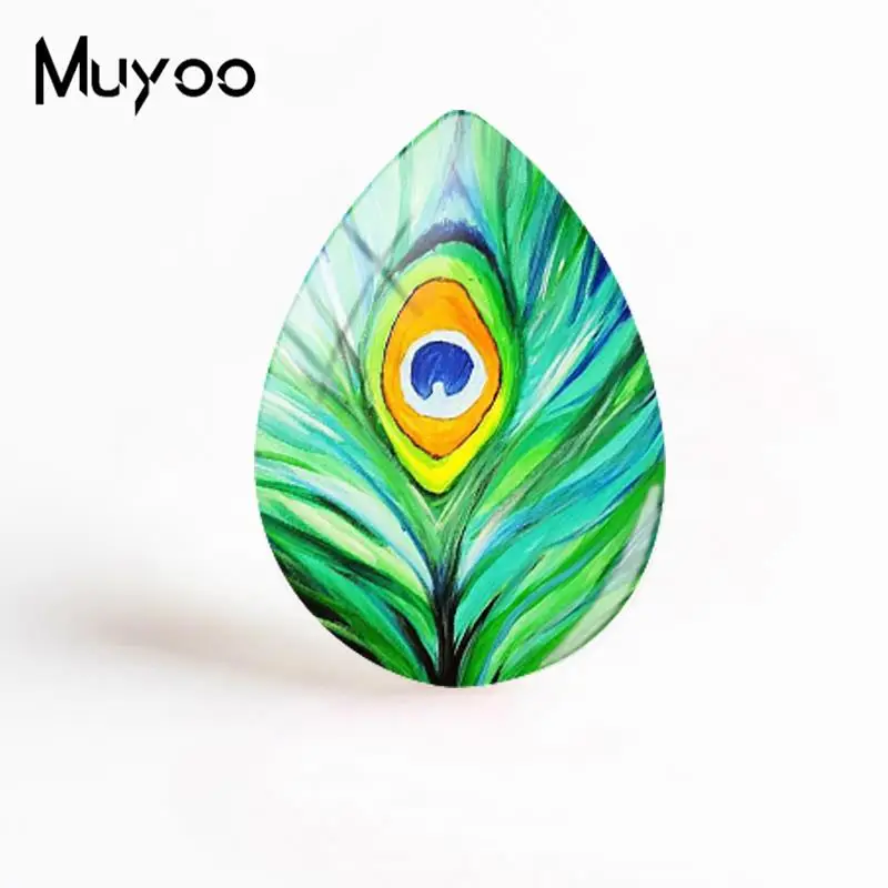 2018 New Peacock Feather Jewelry Art Painting Tear Drop Cabochon Round Photo Glass Dome Cabochons Gifts Women