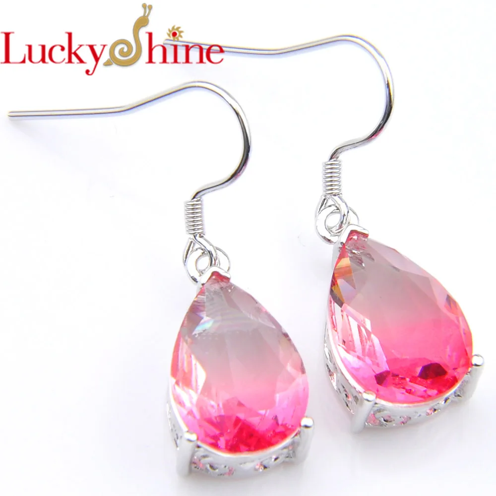 

New Luckyshine Lovely Waterdrop Gradient Pink Tourmaline Crystal Zirconia Silver Engagement Drop Earrings For Women Jewelr