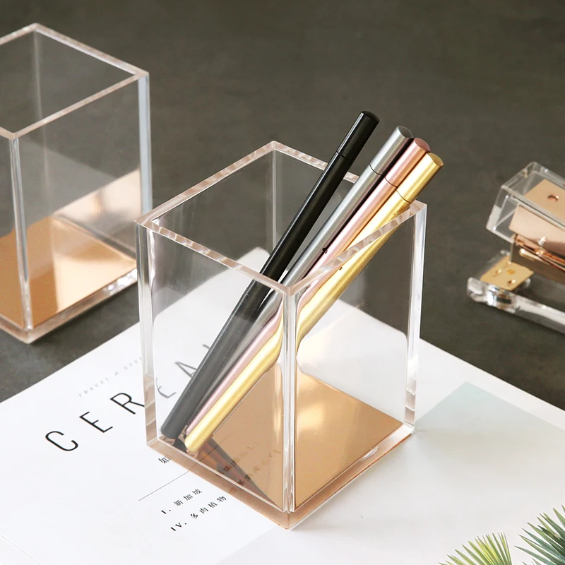 Luxury Desk Organizer Transparent Acryl Pencil Pen Container Gold Pens Cup Stationery Papelaria Pen Holder Drop Shipping