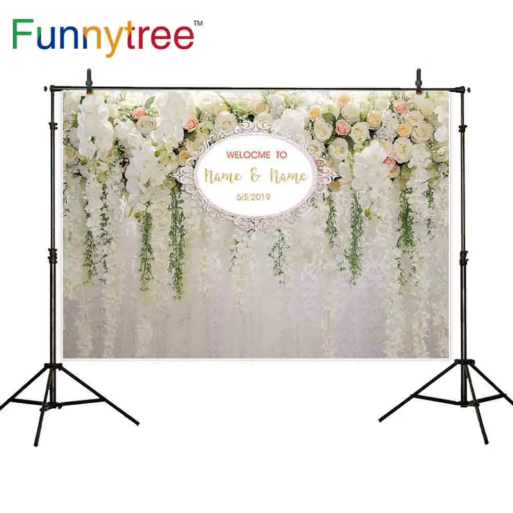 Funnytree photophone photography backdrops white pink flowers wall frame Custom name date photocall wedding shoots background