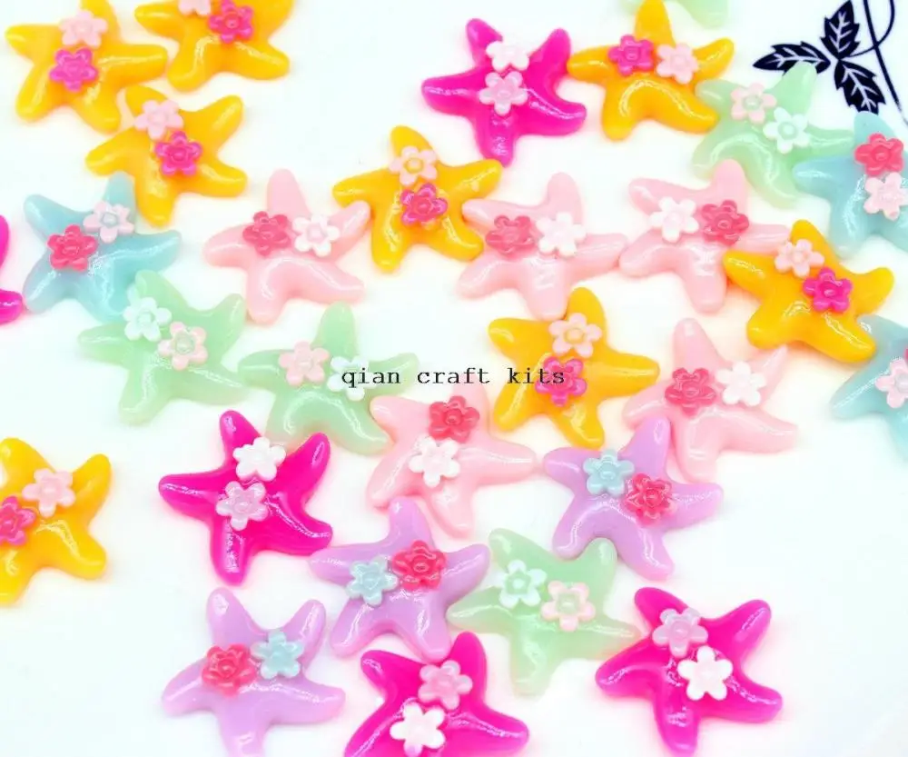 250pcs Resin Cute Starfish with Flowers Sea Star Flat Back Scrapbook Decoden Kawaii Cabochons Pendant embellishment Charms