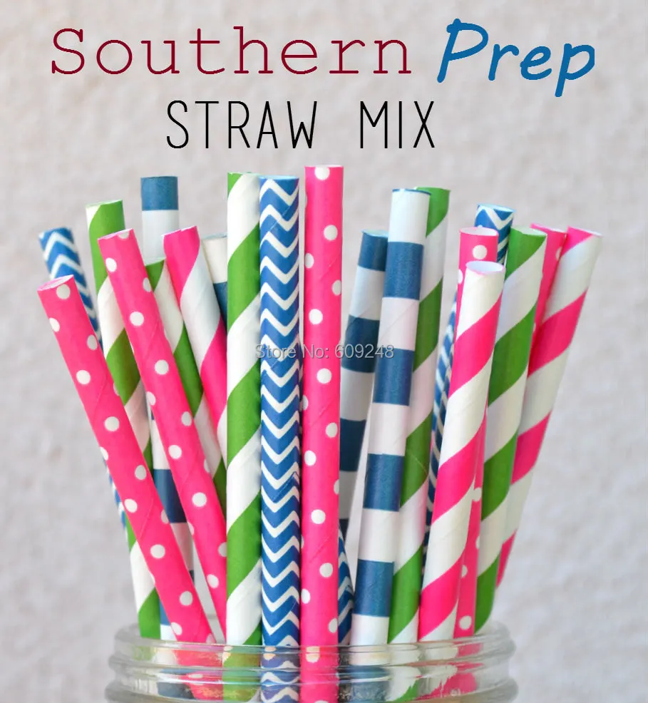 125 Pcs Mixed Colors Southern Prep Pink Navy and Green Disposable Paper Straws,Party, Wedding, Birthday, Events,Juice Soda Bar