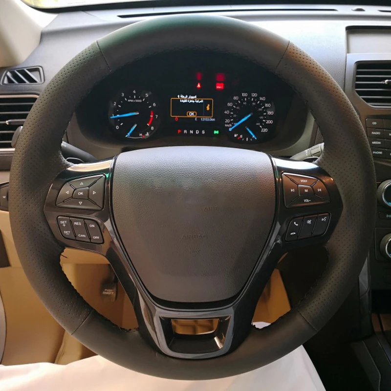HuiER Hand Sewing Car Steering Wheel Cover Wear-resistant Car Styling Black Leather For Ford Explorer 2016-2018 steering wheel