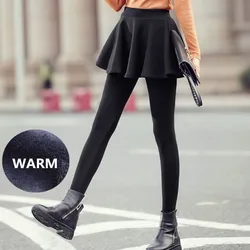 WKOUD 1 Piece Winter Leggings Skirts Women Thick Fleeces Pleated Skirts Pants Solid Black Skinny Warm Velvet Pencil Pants P8670