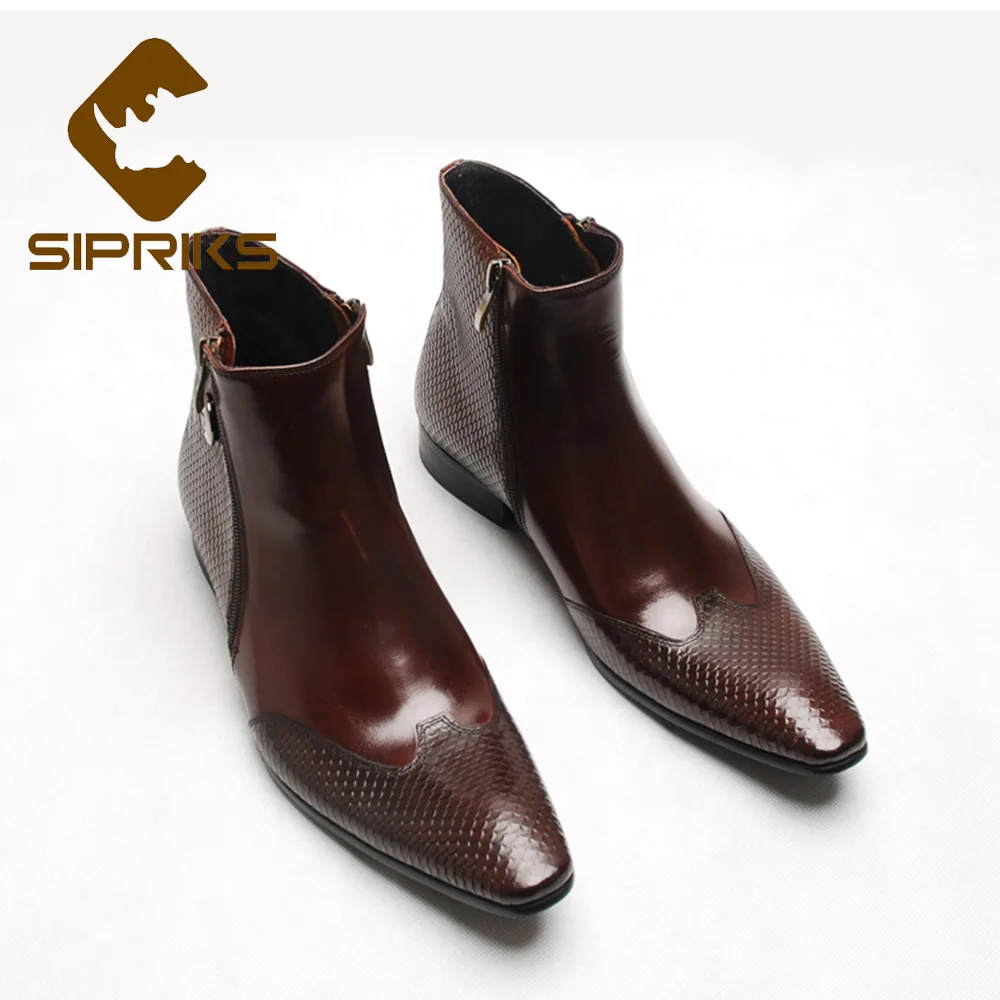 SIPRIKS Double Zip Boots Men\'s Burgundy Leather Ankle Boots Pointed Toe Black Wedding Booties Euro 45 Outdoor Shoes Italian