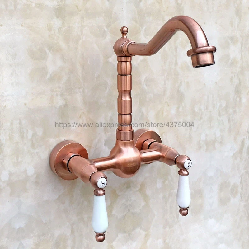 Dual Cross Handles Wall Mounted Antique Red Copper Hot&Cold Bathroom Kitchen Basin Sink swivel Faucet Mixer Tap Nrg034