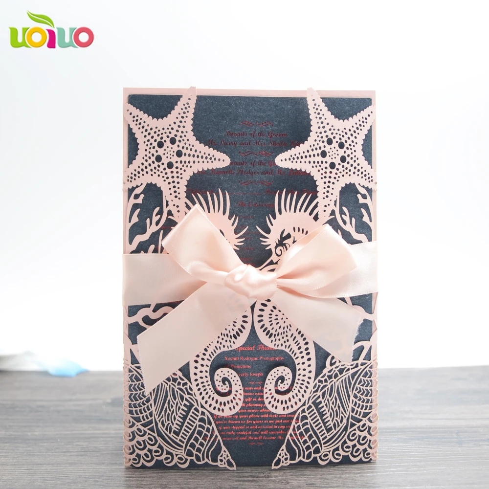 Popular Beach Theme Wedding Decoration Invitation Card Laser Cut Seahorse and Starfish Party Guest Invitation Cards 10sets