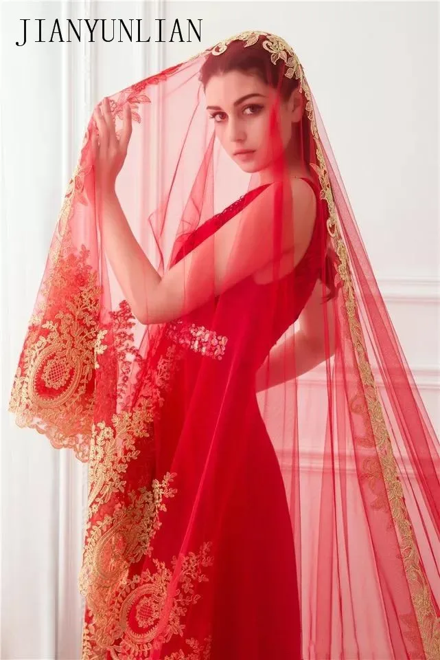 Customized Wedding Veil Long Lace Gold Edge Length Red Cathedral Veils In STock