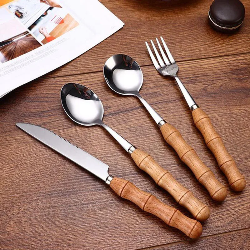 100pcs Bamboo Joint Wood Handle Stainless Steel Soup Scoop Dinnerware Sets Kitchen Tableware Party Catering ZA5531