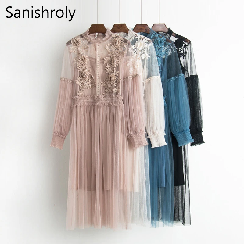 

Sanishroly Two Pieces New Women Long Pleated Dresses Hollow Out Lace Dress Female Flower Lantern Sleeve Mesh Dress Vestidos S375