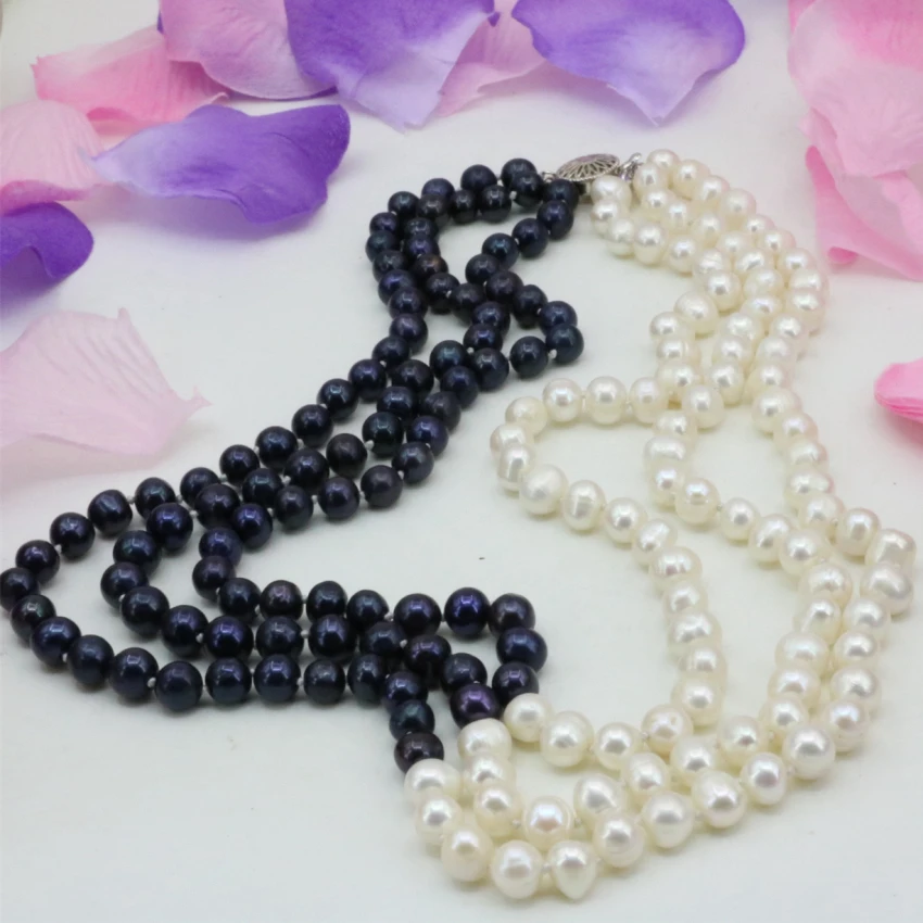 Natural 7-8mm white black freshwater cultured nearround beads 3 rows necklace chain prom weddings fashion gifts 17-19inch B3238