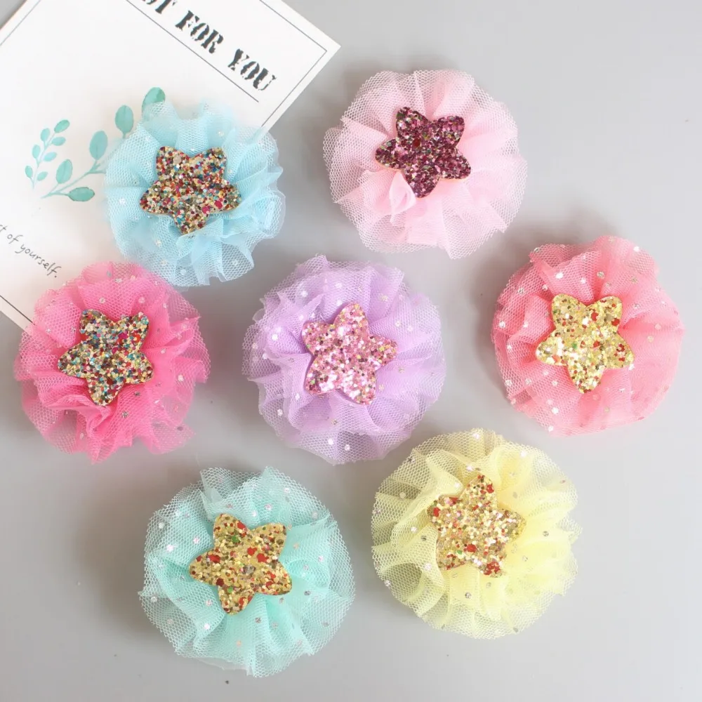 Boutique 30pcs Fashion Cute Glitter Gauze Star Hairpins Solid Kawaii Candy Color Lace Hair Clips Princess Hair  Accessories