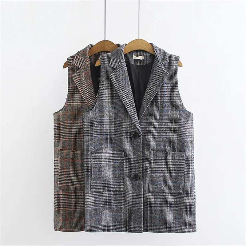 

2022 Spring Autumn Suit Vest Women Vest Sleeveless Plaid Blazer Casual Tops Short Jackets Waistcoat Female Loose Outerwear G345