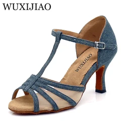 WUXIJIAO-Chaussures de danse latine en denim et filet pour dames, sandales à talons cubains, chaussures de salsa professionnelles, confortables, neuves