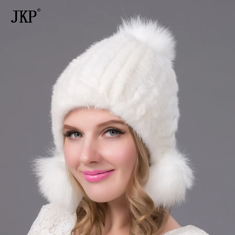 Real Mink Fur Hat With Fox Fur Pom Poms Winter Autumn Ear Protector Cap Knitted Natural Fur Beanies Good Quality Bomber Hat BZ08