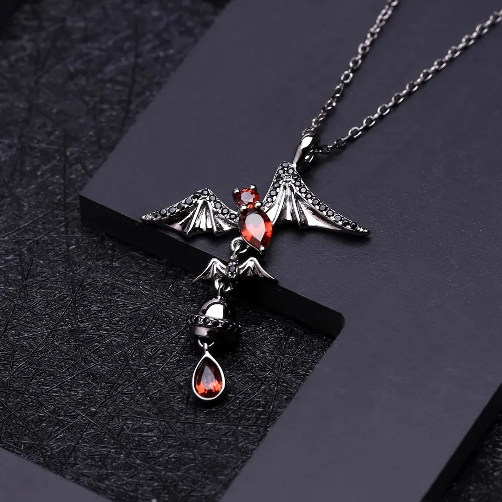 GEM\'S BALLET 925 Sterling Sliver Bat Shape Natural Garnet Gemstone Vintage Gothic Punk Pendant Necklace For Women Party Jewelry