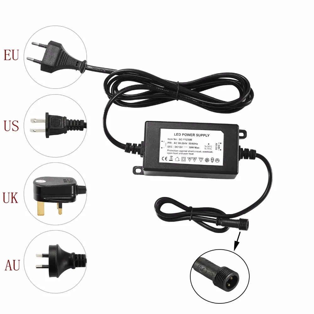 30W Switching Adapter Transform Black AC 90-260V into DC 12V with Waterproof Connectors Interior/Exterior LED Lights Driver IP67