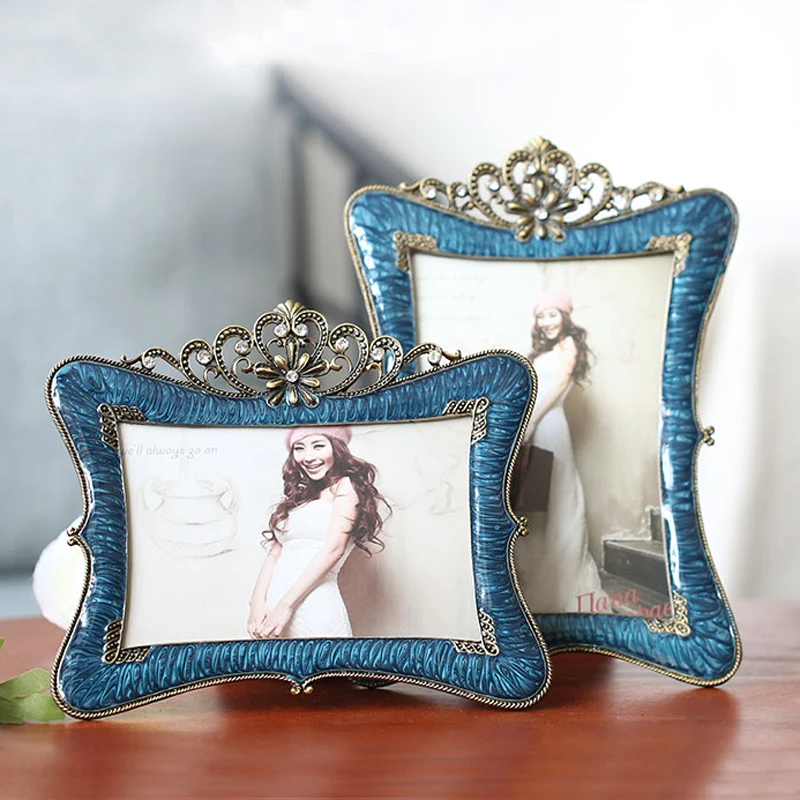 European Vintage Antique Brass Blue Purple Silver White Hand Enameled and Jeweled 6x4,5x7 inches Metal Alloy Picture Photo Frame