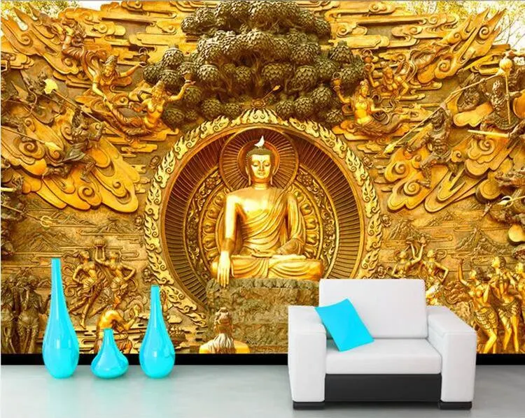 

Golden Buddha Buddhist Temple Mural Custom Large Living Room Screen Background Wall Wallpaper 3D Stereo Wallpaper