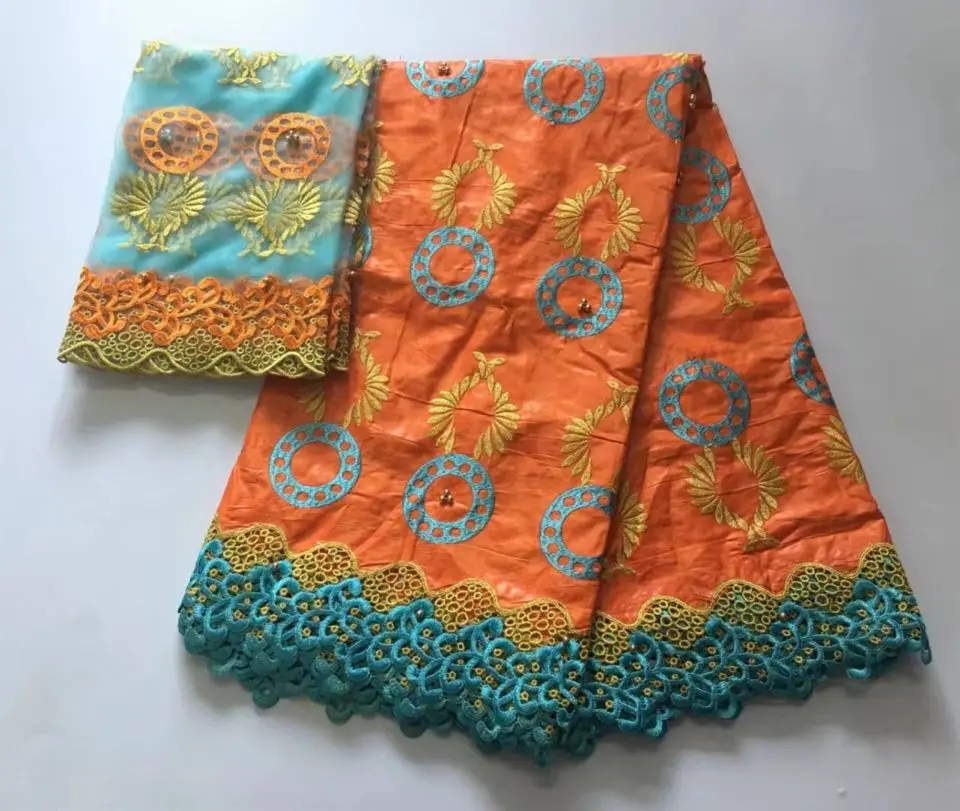 

5 Y/pc Popular orange Bazin lace fabric and blue african water soluble lace match 2Y french net lace for dress GX5-2