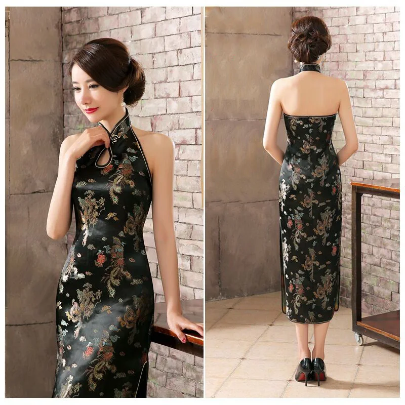 Black Long Cheongsam Traditional Chinese Style Womens Backless Costume Dress New Satin Slim Qipao Vestido Size S M L XL XXL XXXL