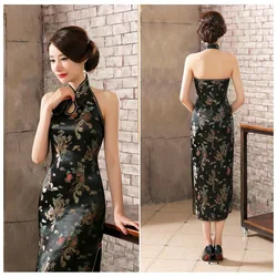 Black Long Cheongsam Traditional Chinese Style Womens Backless Costume Dress New Satin Slim Qipao Vestido Size S M L XL XXL XXXL