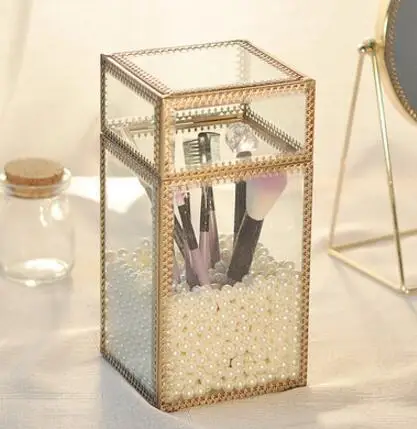 Retro glass flip brush tube Beauty brush tube dust Bronze edging makeup brush barrel Brush storage box.