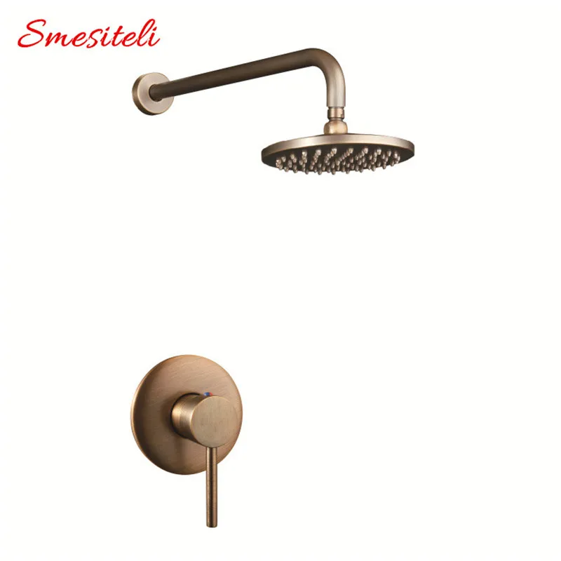 Antique 100% Brass Vintage Old 8 Inch Round Rainfall Shower Head + 400mm Wall Arm Set With Mixer Taps Concealed Bathroom Set