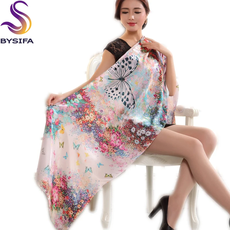 

[BYSIFA] Summer Winter Pure Silk Women Long Scarf Wraps Printed Fashion Beige White Butterfly Pattern Mulberry Silk Scarf Shawl