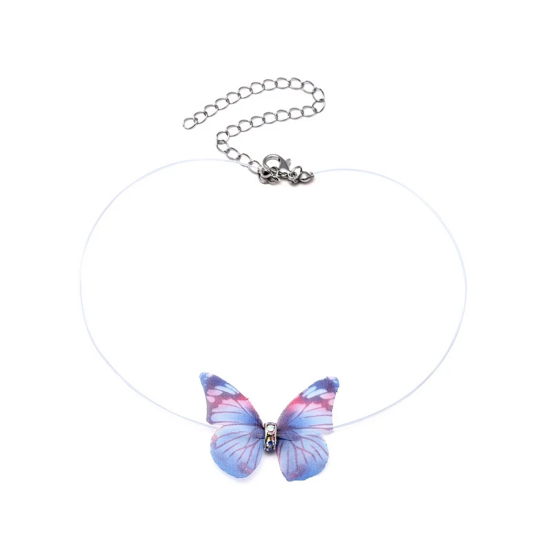 Fancy Colorful Yarn Butterfly Crystal Necklace Women Cute Girls Invisible Fishline Chain Choker Jewelry Party Girlfriend Gift