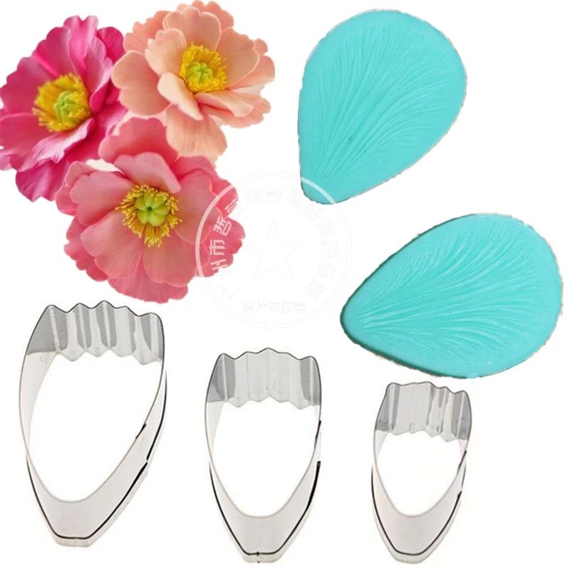 Silicone Embossing Poppy Flower Petal Veiner stainless steel cutter set Fondant Sugarcraft Cake Decorating Moulds cookies die