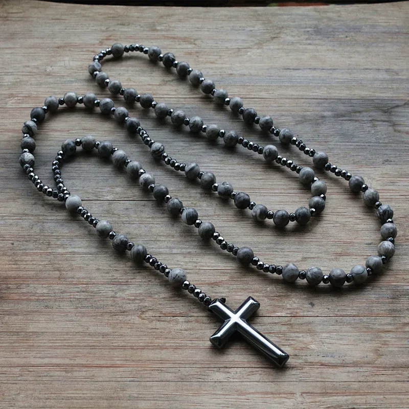 6mm Lapis Lazuli Stone Bead Hematite Cross Pendant For Men Women Catholic Christ Rosary Cross Pendant Necklace  Dropshipping