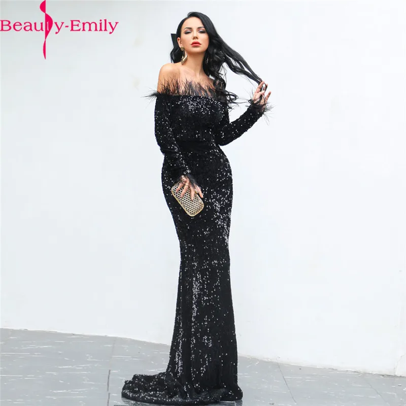 

Beauty Emily Sexy Boat Neck Sequined Mermaid Evening Dresses with Feather Elegant Long Sleeve Vintage Formal Dress Mermaid Dress